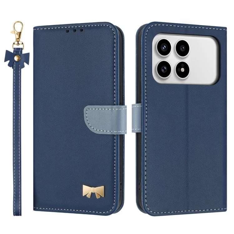 For Redmi K90 / Poco F8 Pro Metal Bow Leather Phone Case with Hand Strap(Dark Blue)
