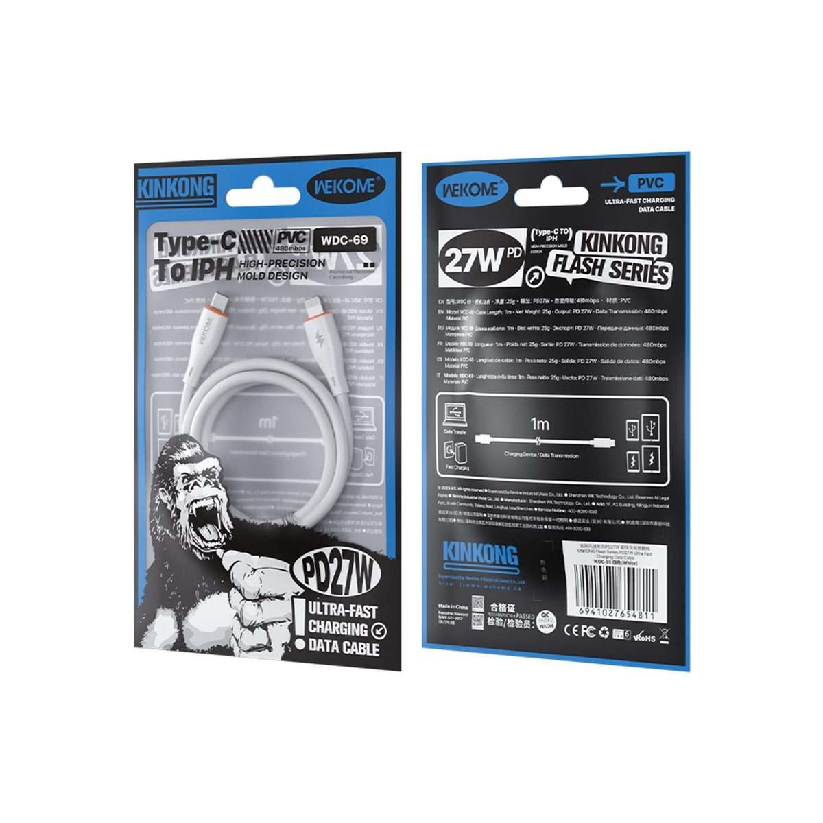 WK WDC-69 Kinkong Flash Series 1m PD27W PVC Fast Charging Data Cable, Interface:Type-C ... (White)
