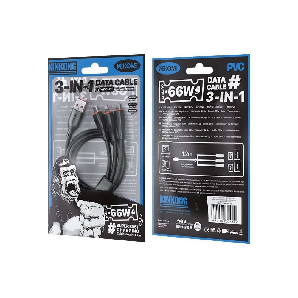 WK WDC-79 3 in 1 Kinkong Flash Series 1.2m 66W PVC Fast Charging Data Cable, Interface ... (Black)