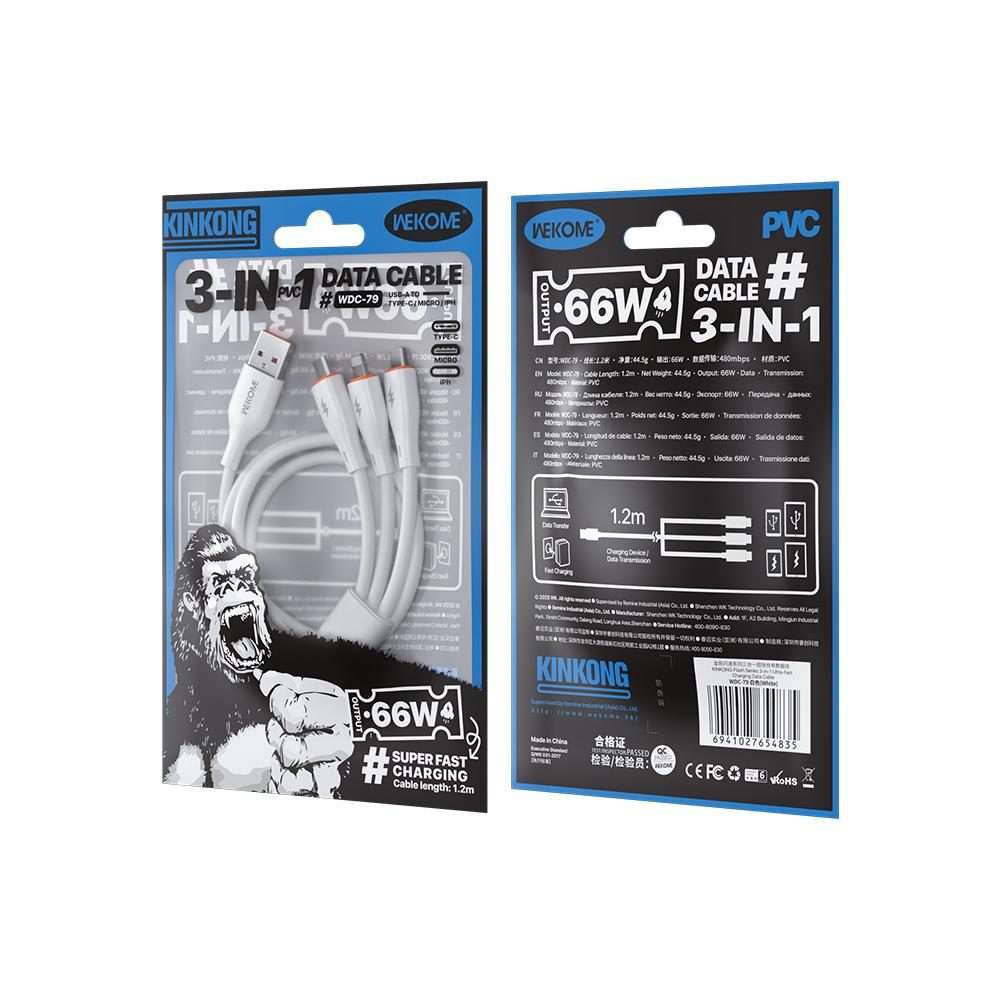 WK WDC-79 3 in 1 Kinkong Flash Series 1.2m 66W PVC Fast Charging Data Cable, Interface ... (White)