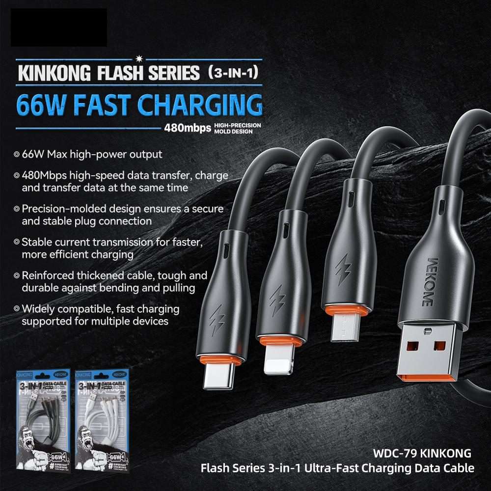 WK WDC-79 3 in 1 Kinkong Flash Series 1.2m 66W PVC Fast Charging Data Cable, Interface ... (White)