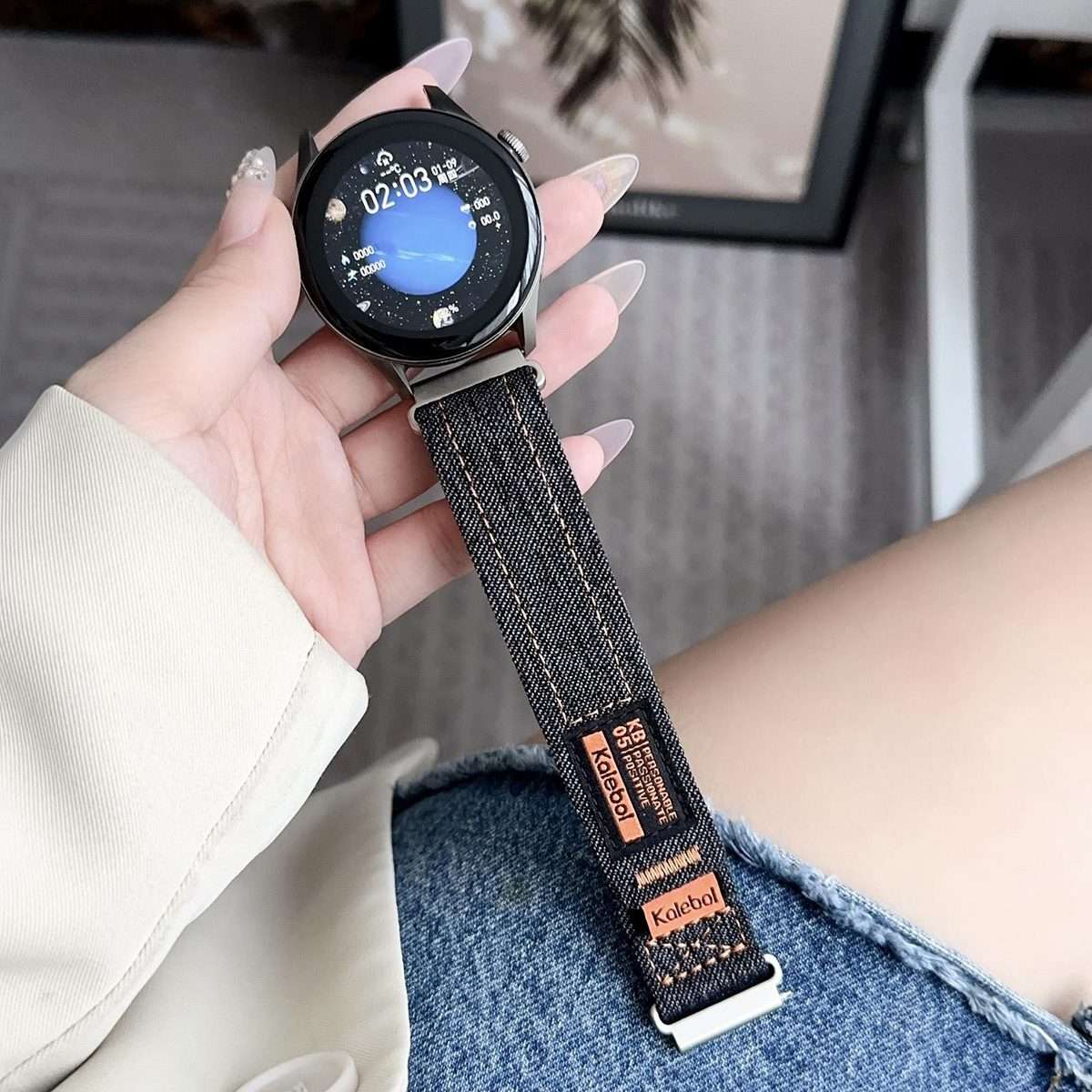 Kalebol 18mm Universal Nylon Loop Fastener Denim Watch Band(Black)