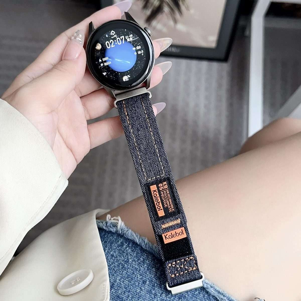 Kalebol 18mm Universal Nylon Loop Fastener Denim Watch Band(Dark Grey)