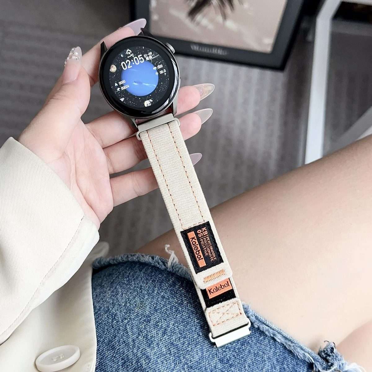 Kalebol 18mm Universal Nylon Loop Fastener Denim Watch Band(Apricot)