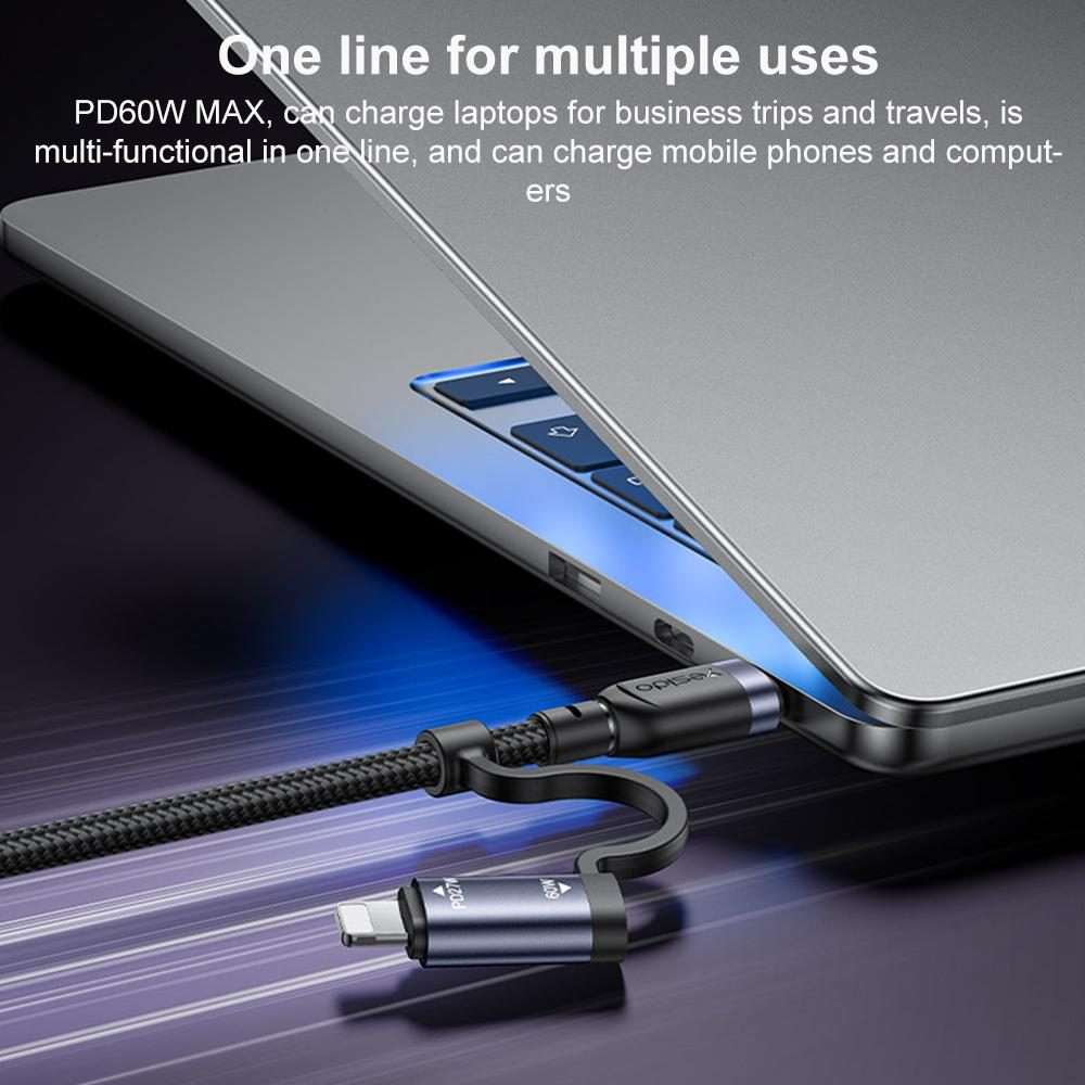 Yesido CA200 1.2m 60W USB / Type-C to Type-C / 8 Pin Fast Charging Data Cable(Black)