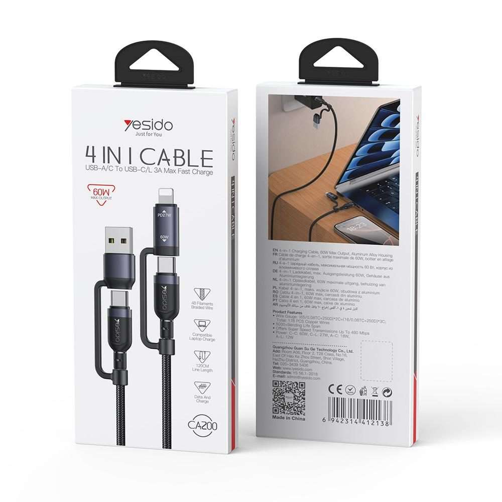 Yesido CA200 1.2m 60W USB / Type-C to Type-C / 8 Pin Fast Charging Data Cable(Black)