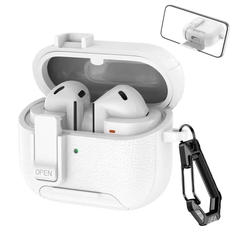 For Samsung Galaxy Buds3 / Buds3 Pro Leather Texture Wireless Earphones Case with Hook ... (White)