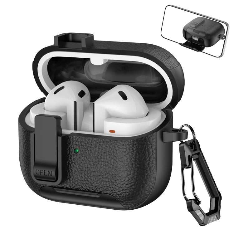 For Samsung Galaxy Buds3 / Buds3 Pro Leather Texture Wireless Earphones Case with Hook ... (Black)