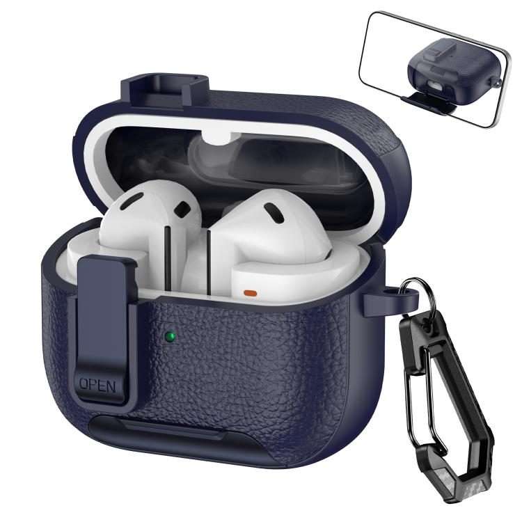 For Samsung Galaxy Buds3 / Buds3 Pro Leather Texture Wireless Earphones Case with ... (Dark Blue)