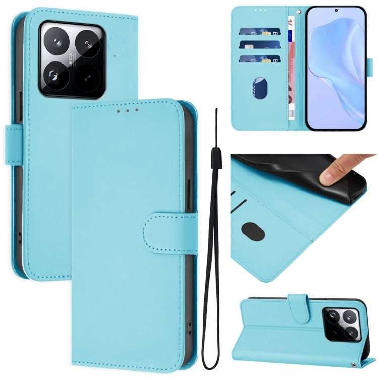 For Xiaomi 15T 5G Skin Feel Solid Color Leather Phone Case with Lanyard(Sky Blue)