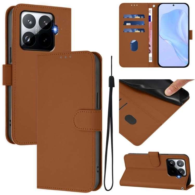 For Xiaomi 15T Pro 5G Skin Feel Solid Color Leather Phone Case with Lanyard(Brown)