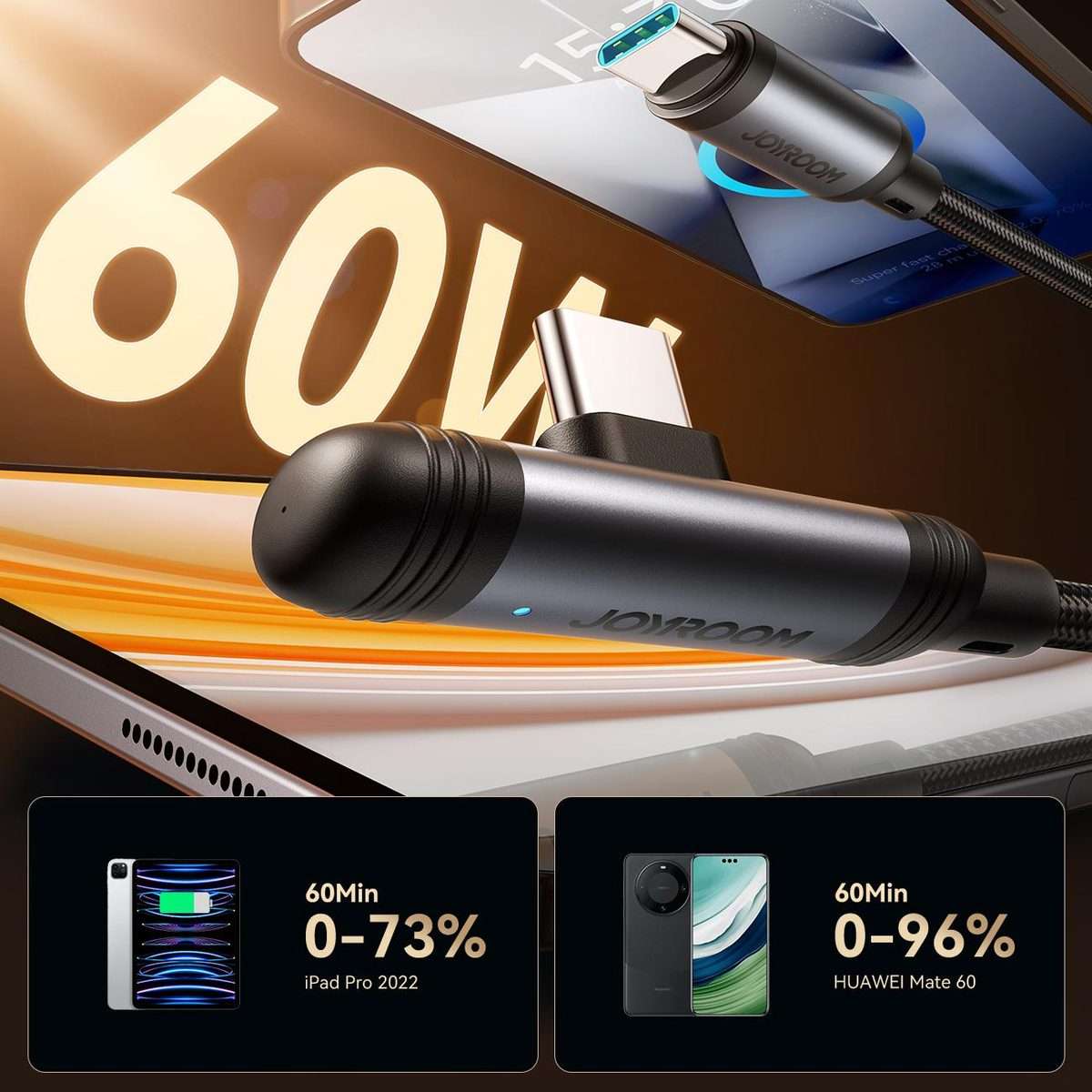 JOYROOM S-A56 EnjoyX Series 60W Type-C to Type-C 90 Degree Fast Charging Data Cable, L ... (Black)