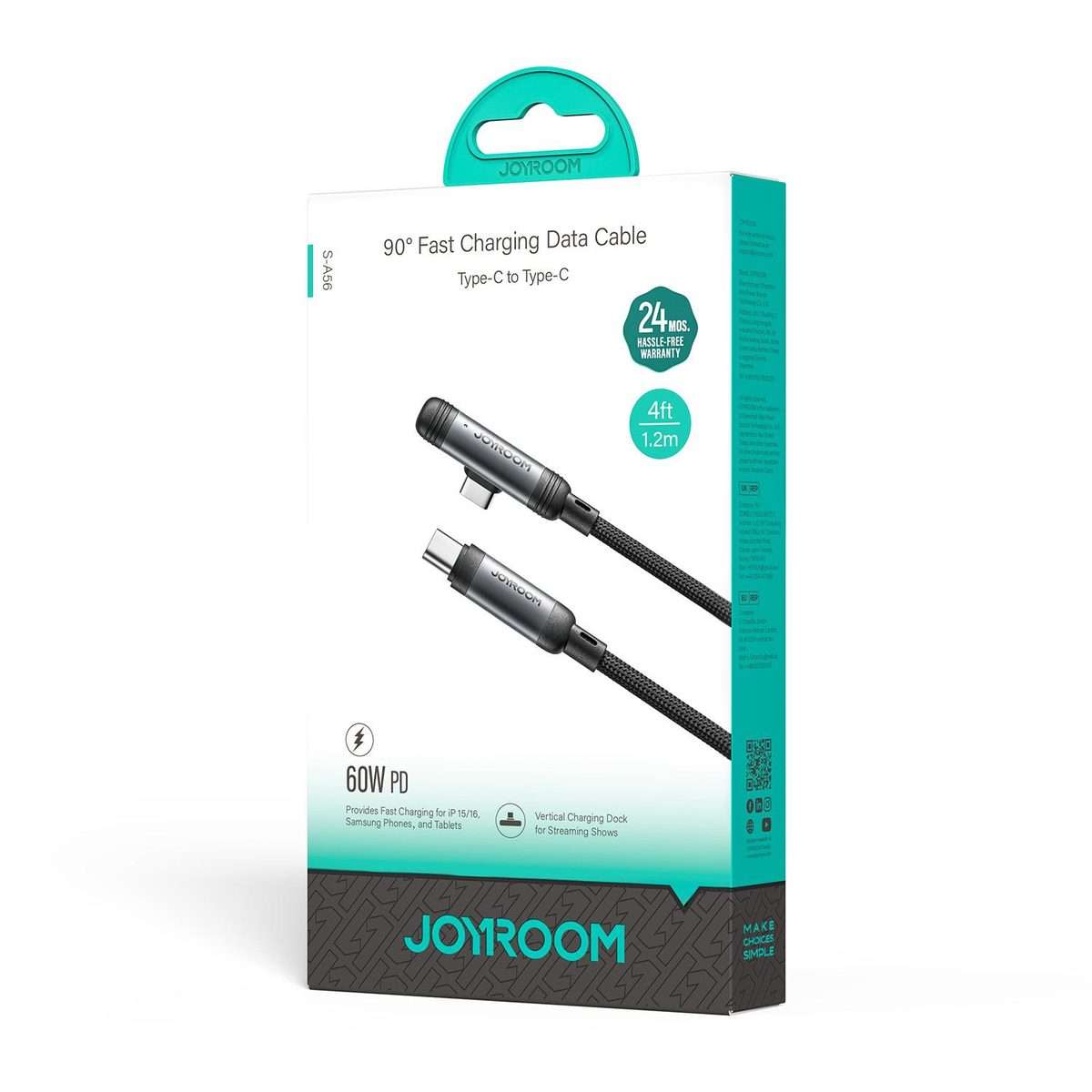 JOYROOM S-A56 EnjoyX Series 60W Type-C to Type-C 90 Degree Fast Charging Data Cable, L ... (Black)