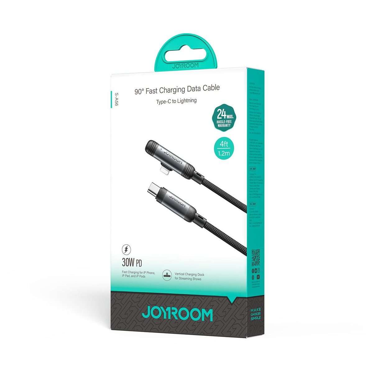 JOYROOM S-A56 EnjoyX Series 30W Type-C to 8 Pin 90 Degree Fast Charging Data Cable, Le ... (Black)