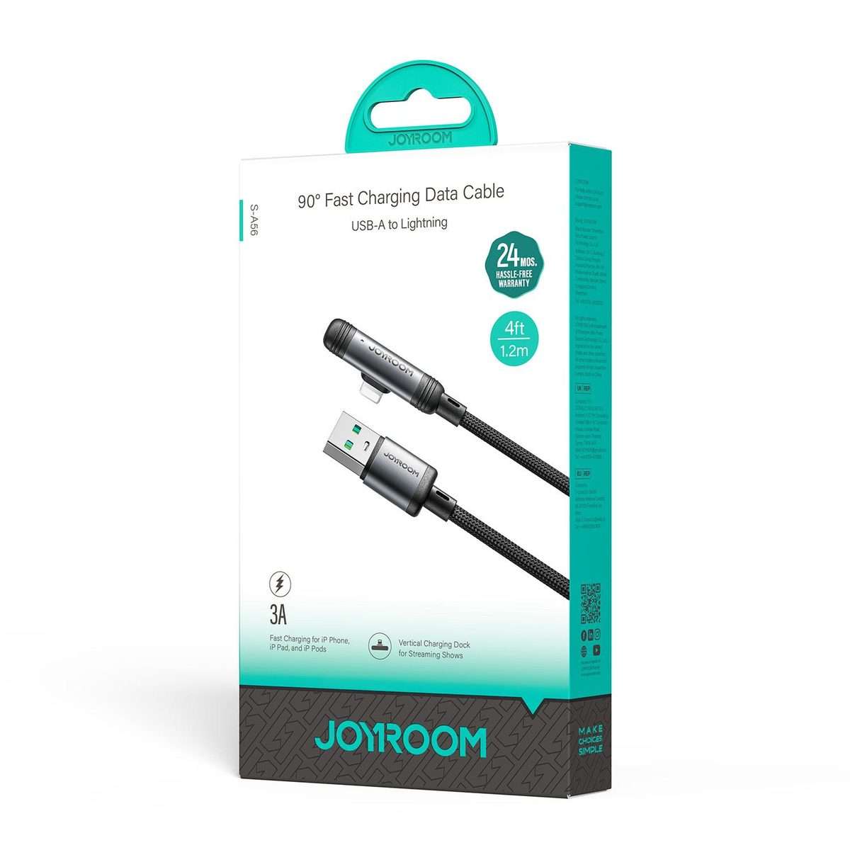 JOYROOM S-A56 EnjoyX Series 3A USB to 8 Pin 90 Degree Fast Charging Data Cable, Length:1.2m(Black)