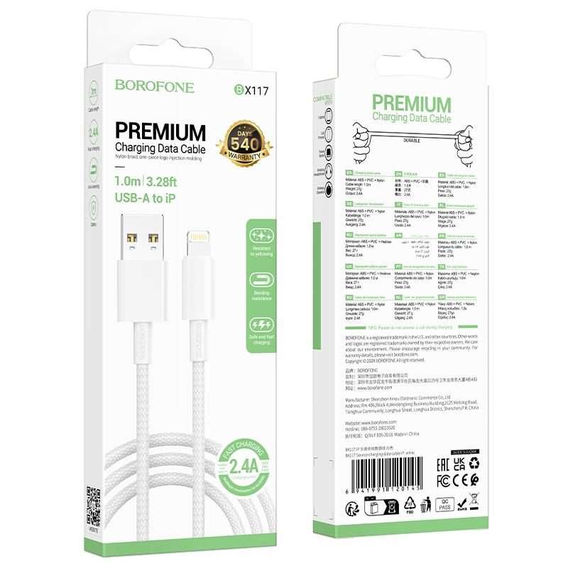 BOROFONE BX117 1m 2.4A USB to 8 Pin Source Charging Data Cable(White)