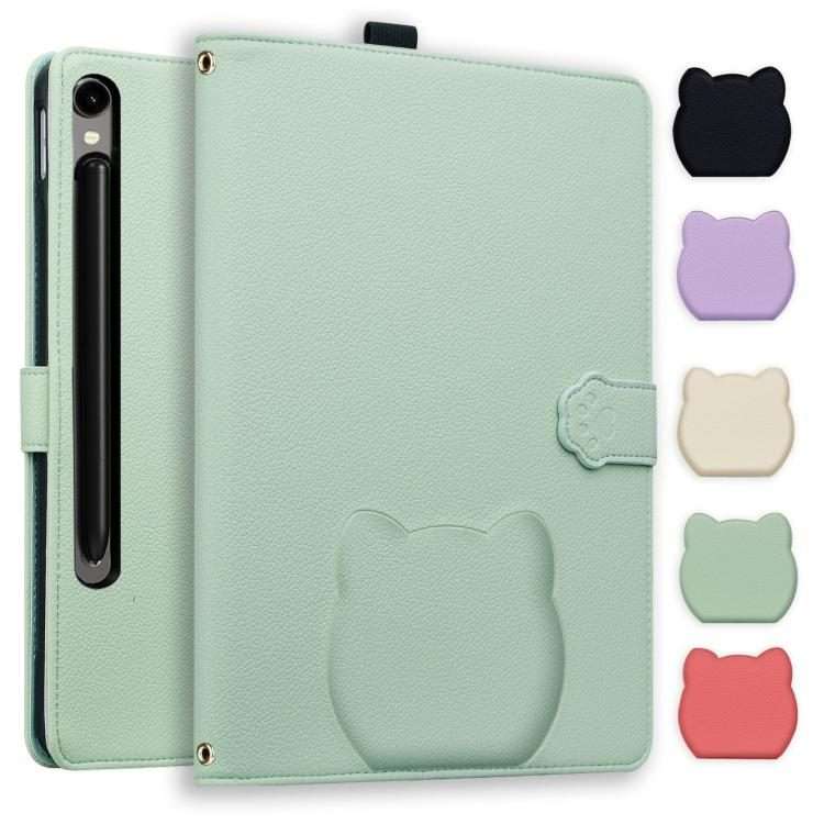 For Samsung Galaxy Tab S10 / S9 / S9 FE Cat Skin-feel Litchi Leather Smart Tablet Case(Green)