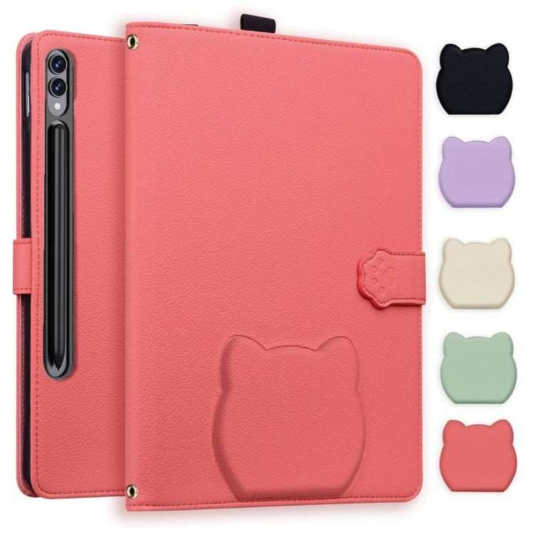 For Samsung Galaxy Tab S10+ / S9+ Cat Skin-feel Litchi Leather Smart Tablet Case(Watermelon Red)