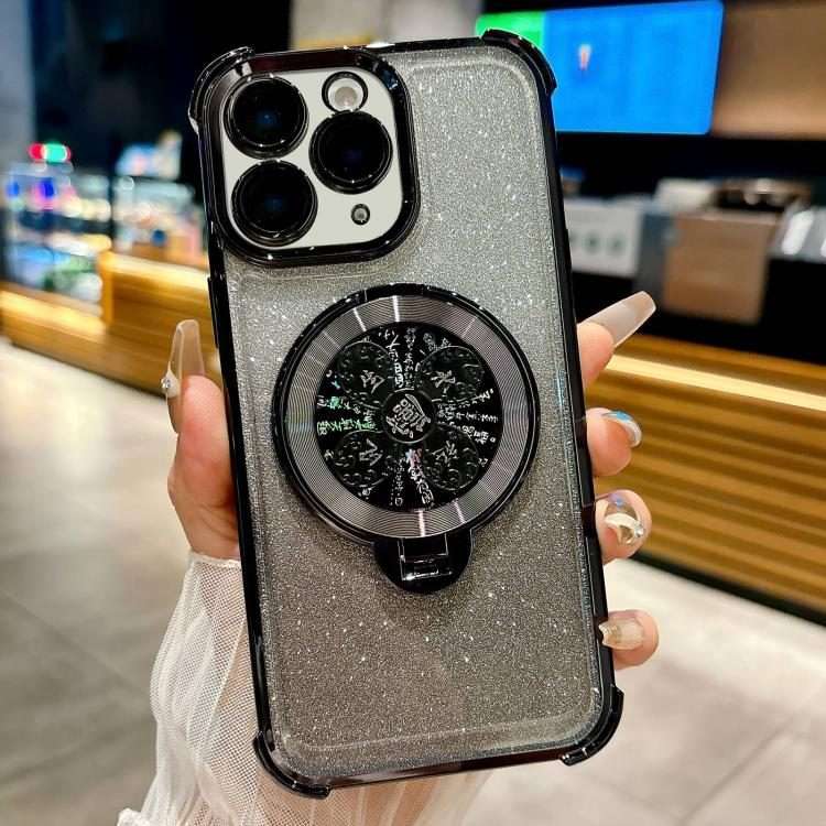 For iPhone 11 Pro Gradient Glitter Spinning Top Holder Phone Case(Black)
