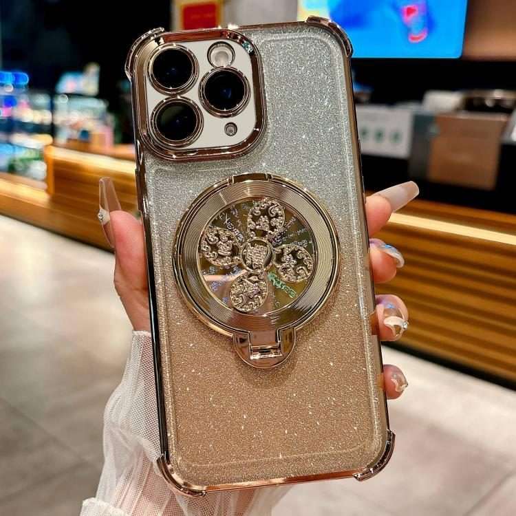 For iPhone 11 Pro Gradient Glitter Spinning Top Holder Phone Case(Desert Gold)