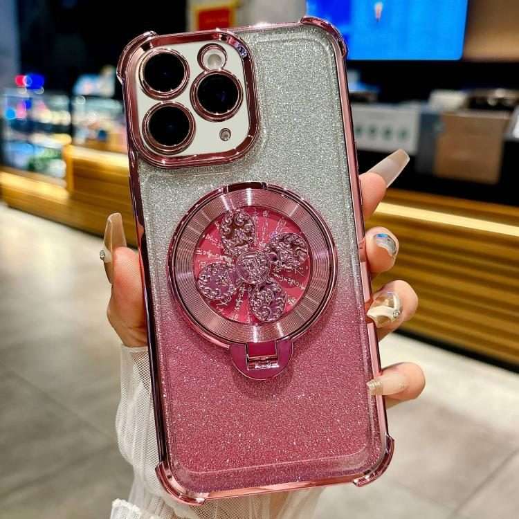 For iPhone 11 Pro Max Gradient Glitter Spinning Top Holder Phone Case(Pink)