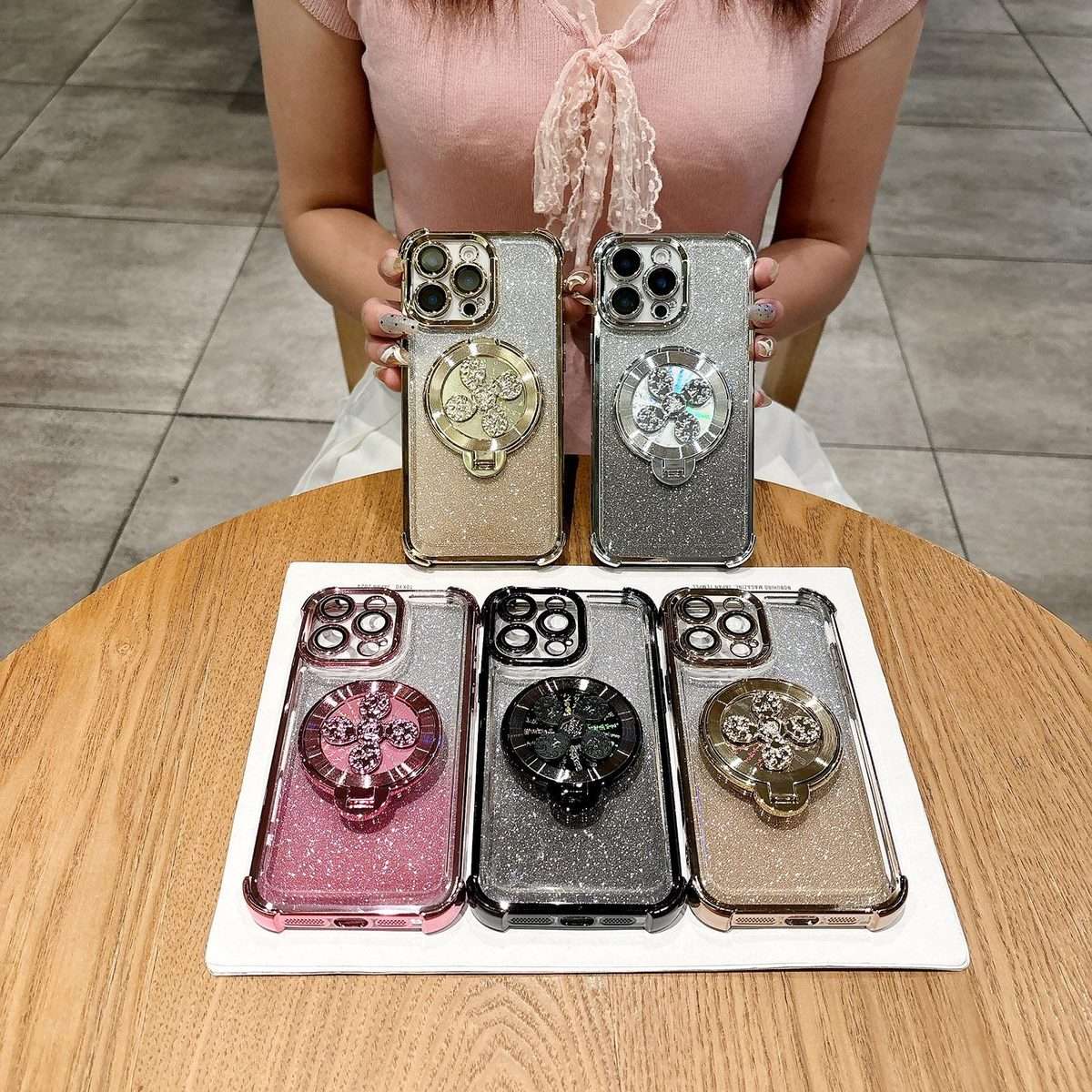 For iPhone 11 Pro Max Gradient Glitter Spinning Top Holder Phone Case(Pink)