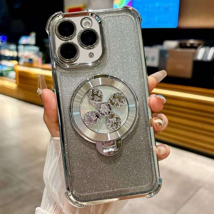 For iPhone 11 Pro Max Gradient Glitter Spinning Top Holder Phone Case(Silver)