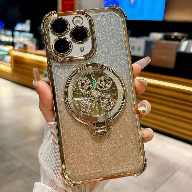 For iPhone 11 Pro Max Gradient Glitter Spinning Top Holder Phone Case(Gold)