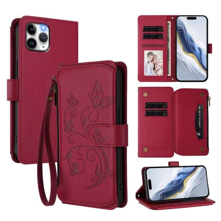 For iPhone 11 Pro Butterfly Love Flower Multi-card Zipper Wallet Leather Phone Case(Wine Red)