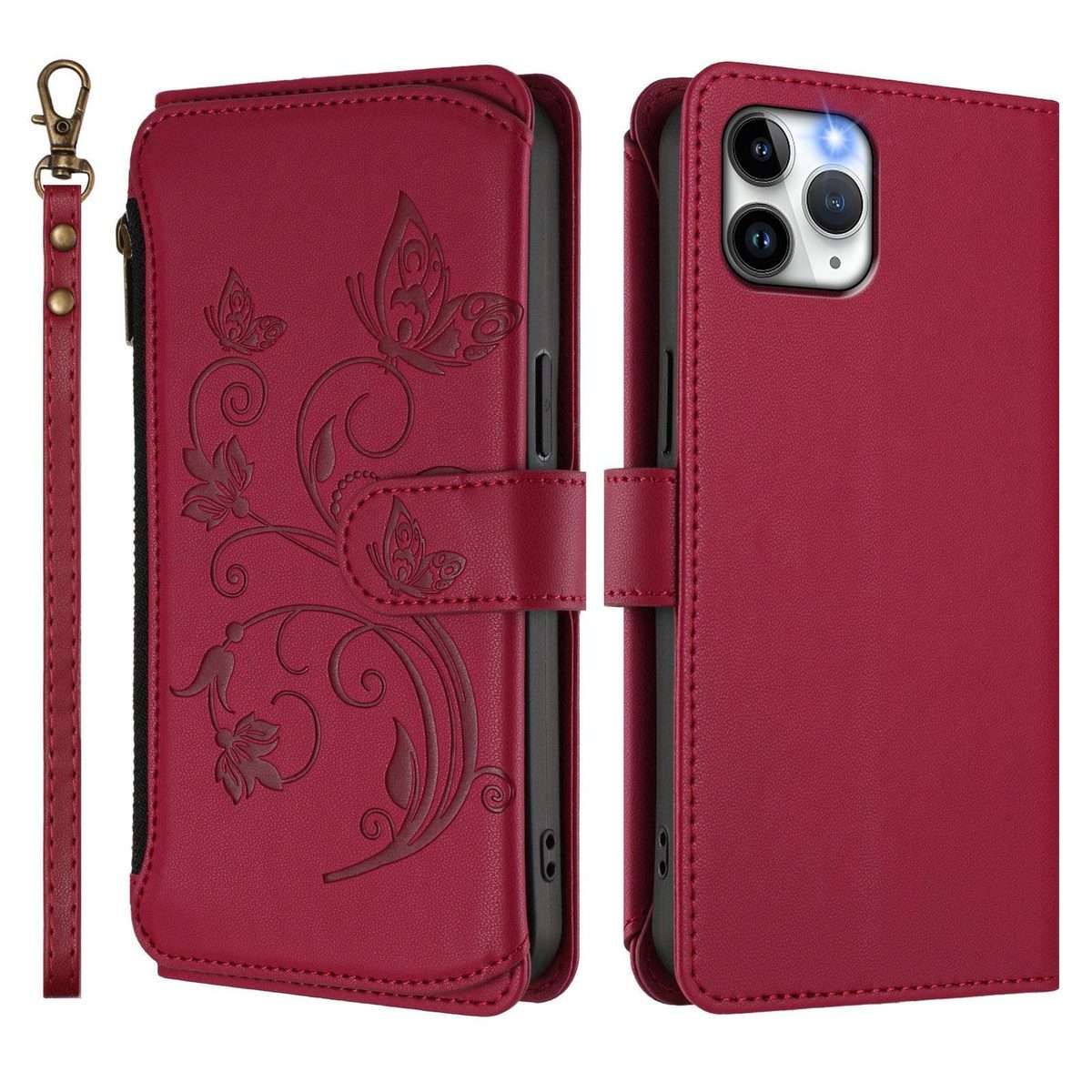 For iPhone 11 Pro Butterfly Love Flower Multi-card Zipper Wallet Leather Phone Case(Wine Red)