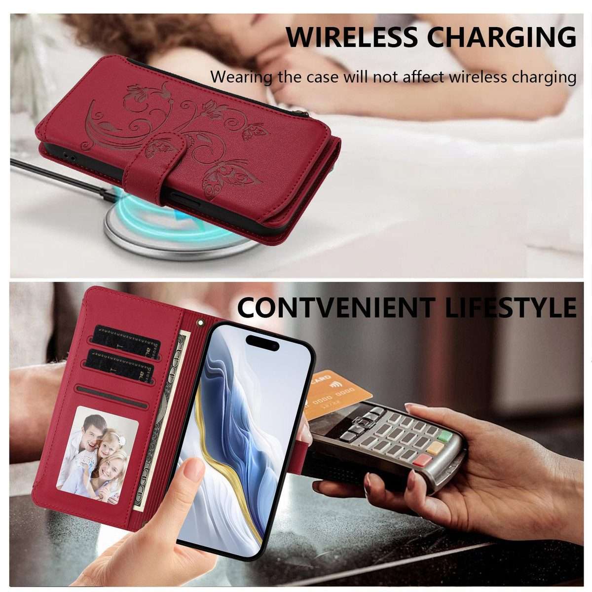 For iPhone 11 Pro Butterfly Love Flower Multi-card Zipper Wallet Leather Phone Case(Wine Red)