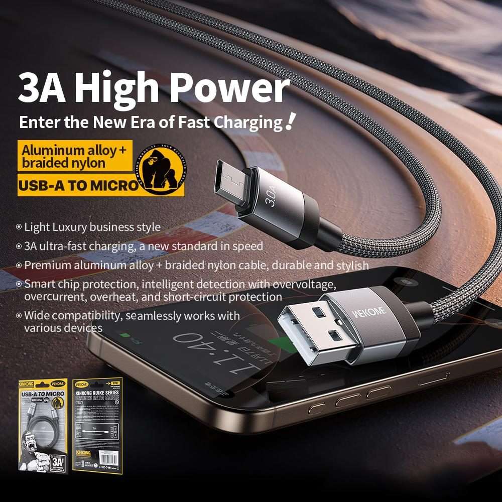 WK WDC-97 Kingkong Ruike Series Braided Charging Data Cable, USB to Micro USB Port, Le ... (Black)