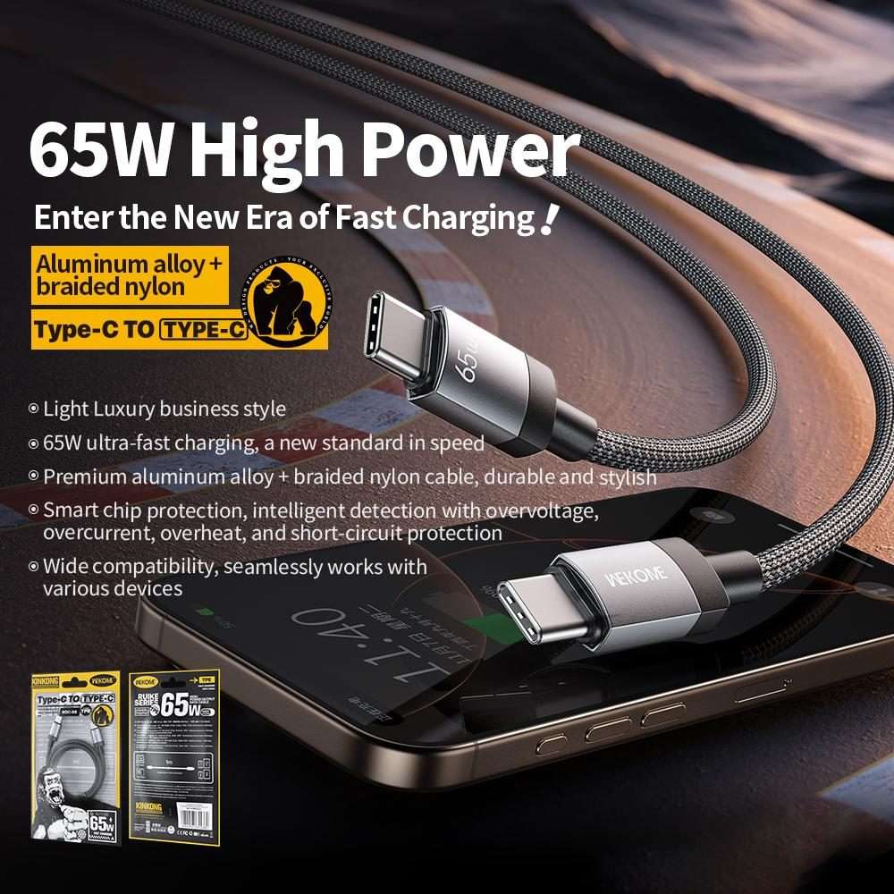 WK WDC-98 Kingkong Ruike Series 65W USB-C / Type-C to USB-C / Type-C Braided Charging ... (Black)