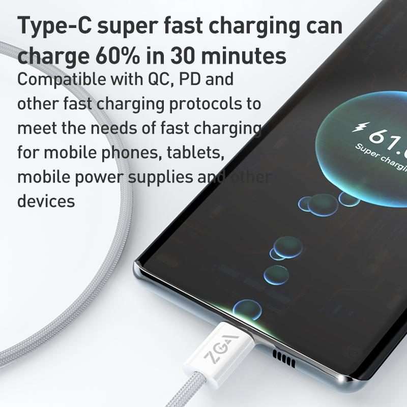 ZGA CB06 60W Type-C to Type-C Fast Charging Braided Data Cable, Length: 1m(White)