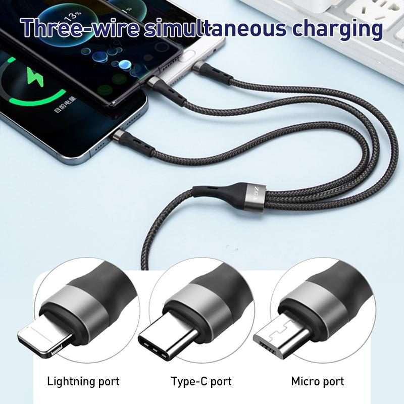 ZGA CB08 5A 3 in 1 USB Fast Charging Braided Data Cable, Length: 1.2m(Black)