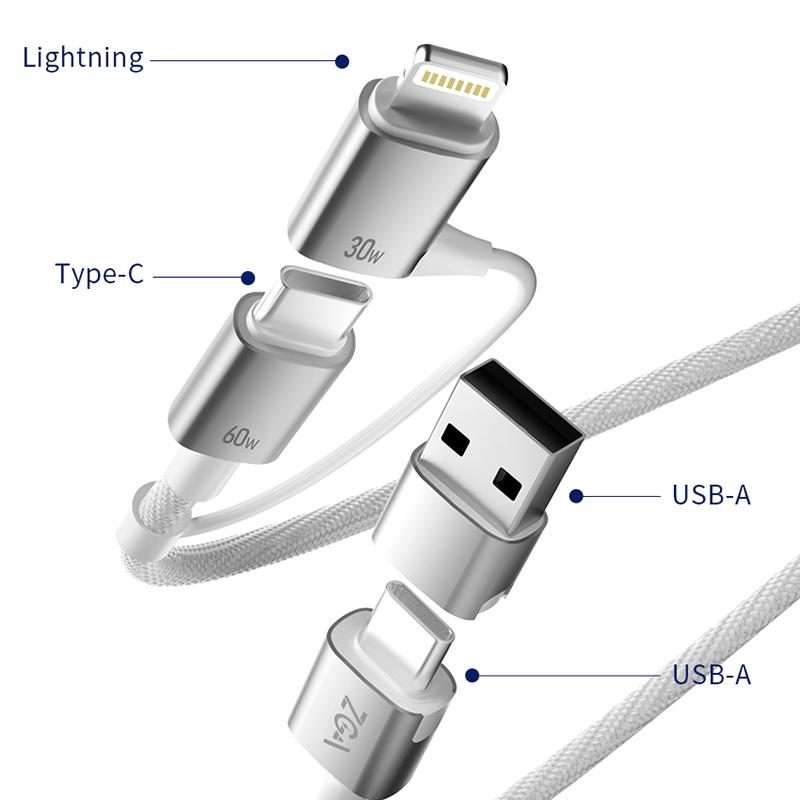 ZGA CB10 60W USB/Type-C to 8 Pin/Type-C 4 in 1 Fast Charging Data Cable, Length: 1.2m(White)