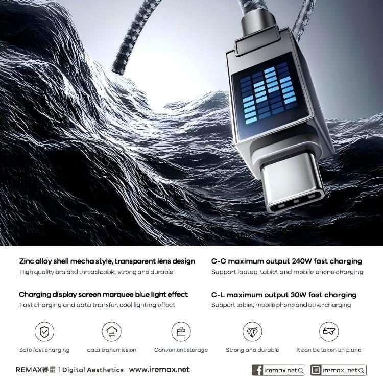 REMAX CB01 3A USB to 8 Pin Aluminum Alloy Braided Fast Charging Data Cable with LED Li ... (Black)