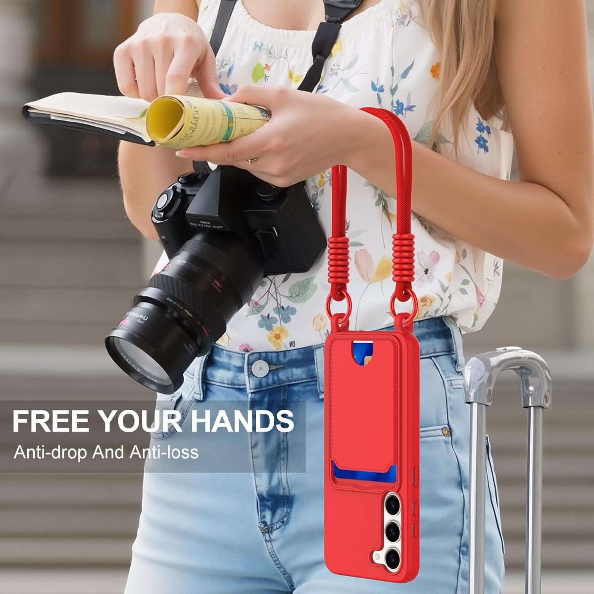 For Samsung Galaxy S23 5G Integrated Card Bag Solid Color Liquid Silicone Phone Case Gen ... (Red)