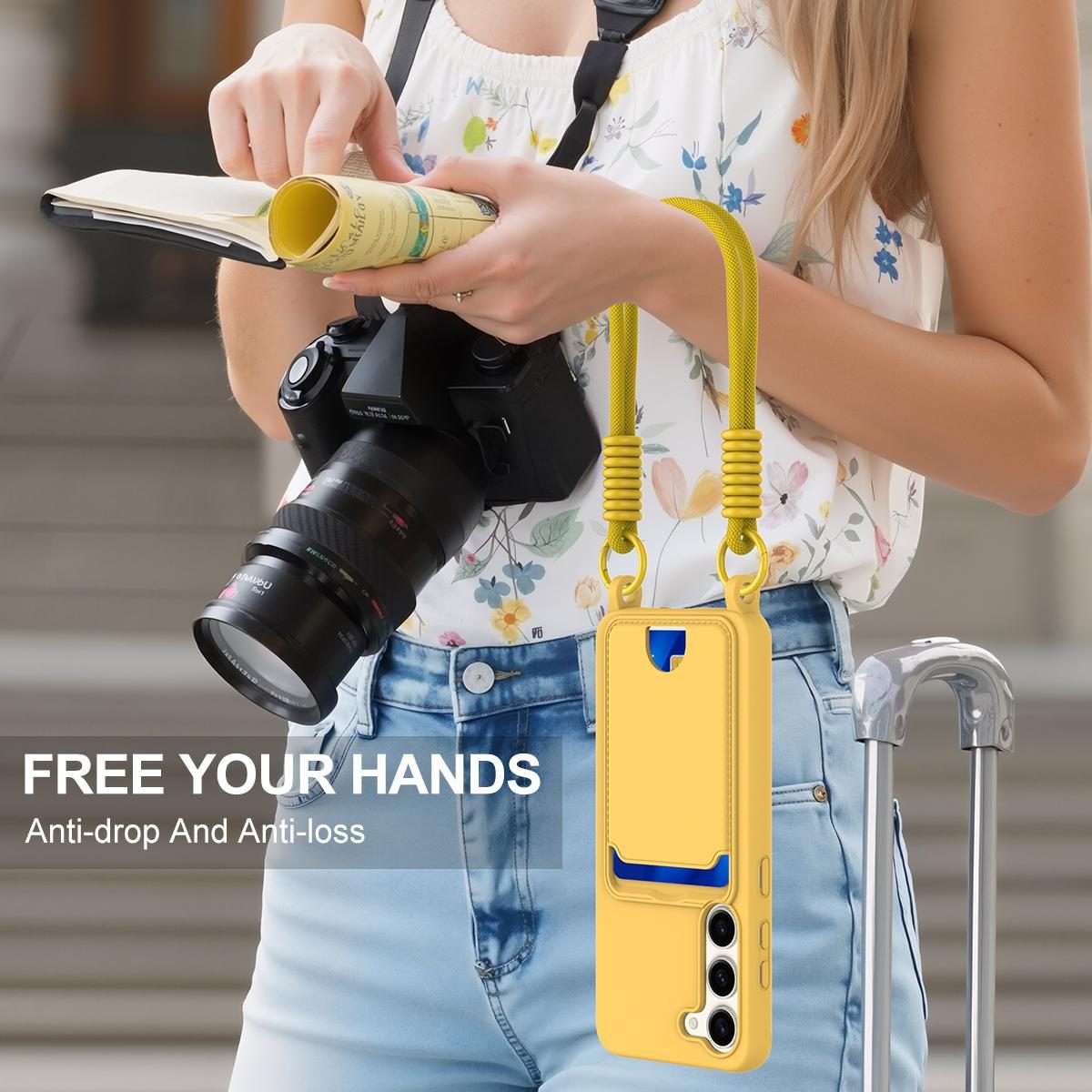 For Samsung Galaxy S23 5G Integrated Card Bag Solid Color Liquid Silicone Phone Case ... (Yellow)