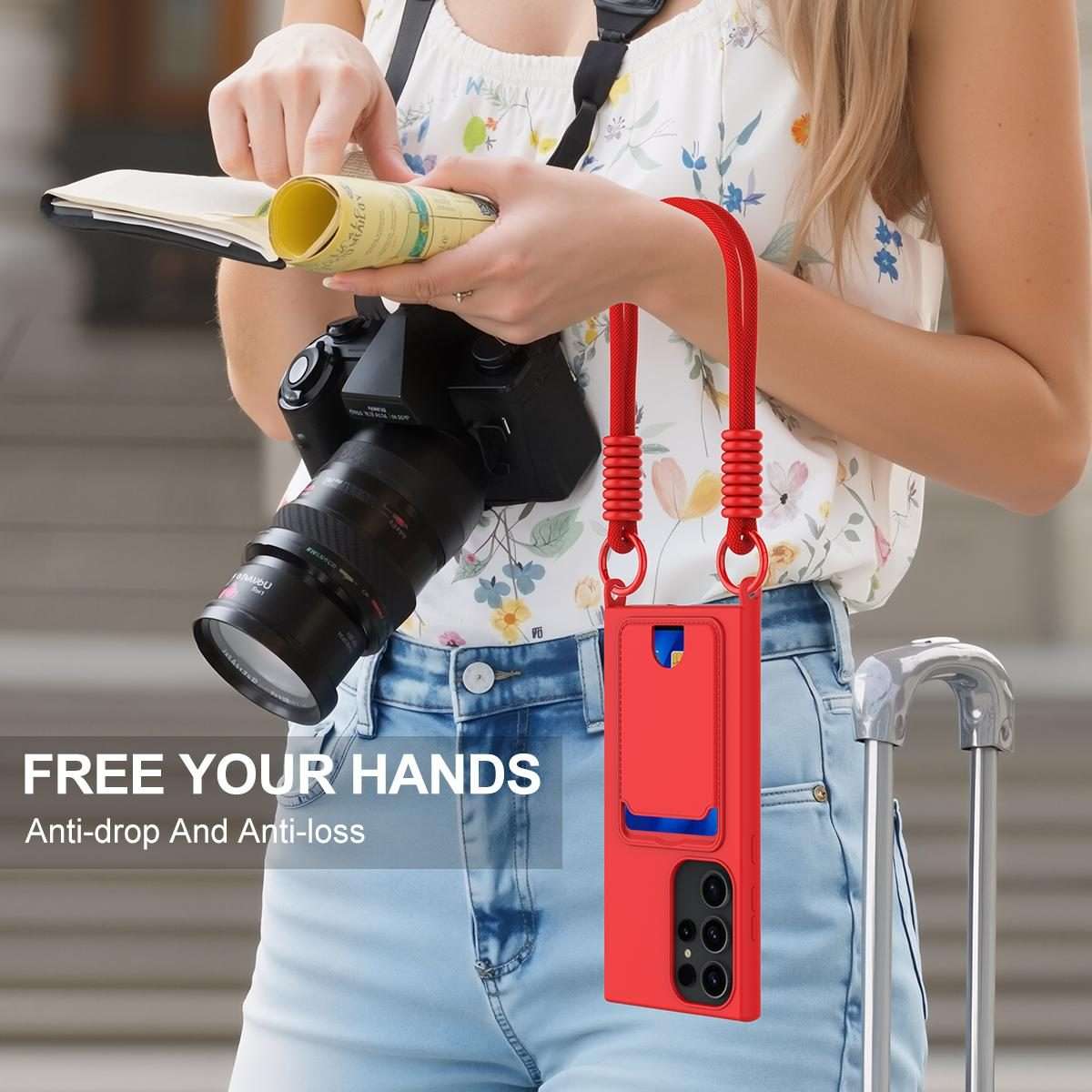 For Samsung Galaxy S23 Ultra 5G Integrated Card Bag Solid Color Liquid Silicone Phone Ca ... (Red)