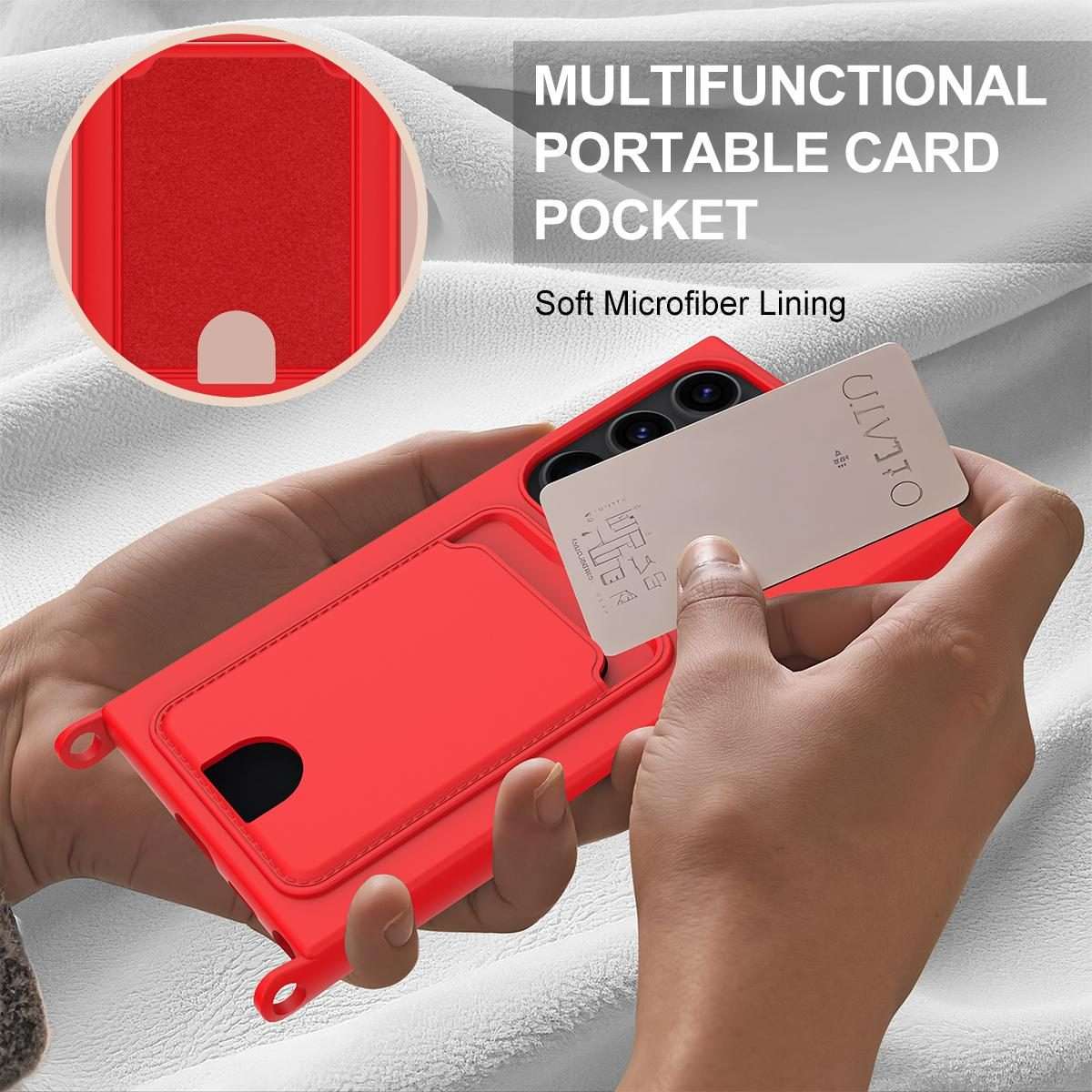 For Samsung Galaxy S23 Ultra 5G Integrated Card Bag Solid Color Liquid Silicone Phone Ca ... (Red)