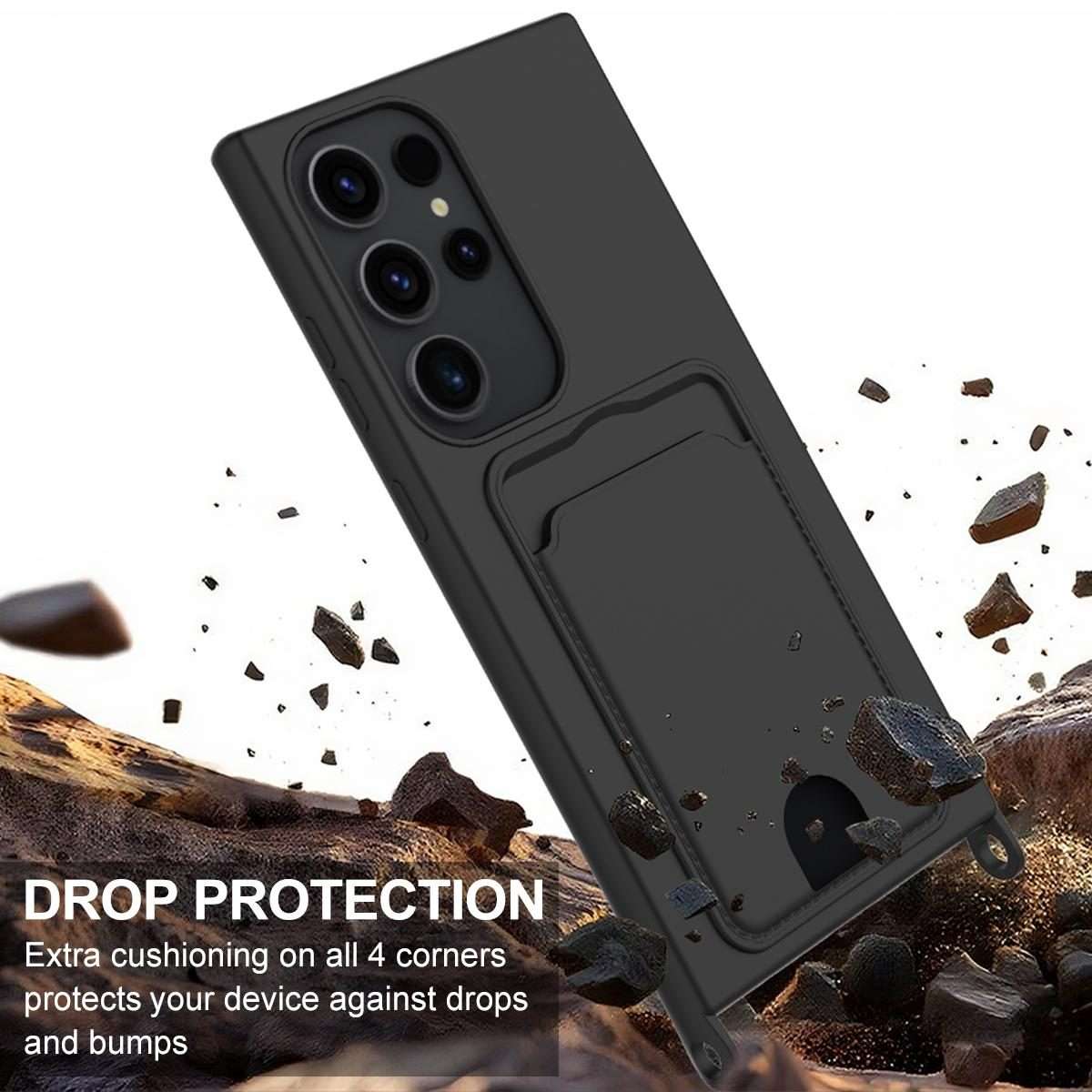 For Samsung Galaxy S23 Ultra 5G Integrated Card Bag Solid Color Liquid Silicone Phone ... (Black)