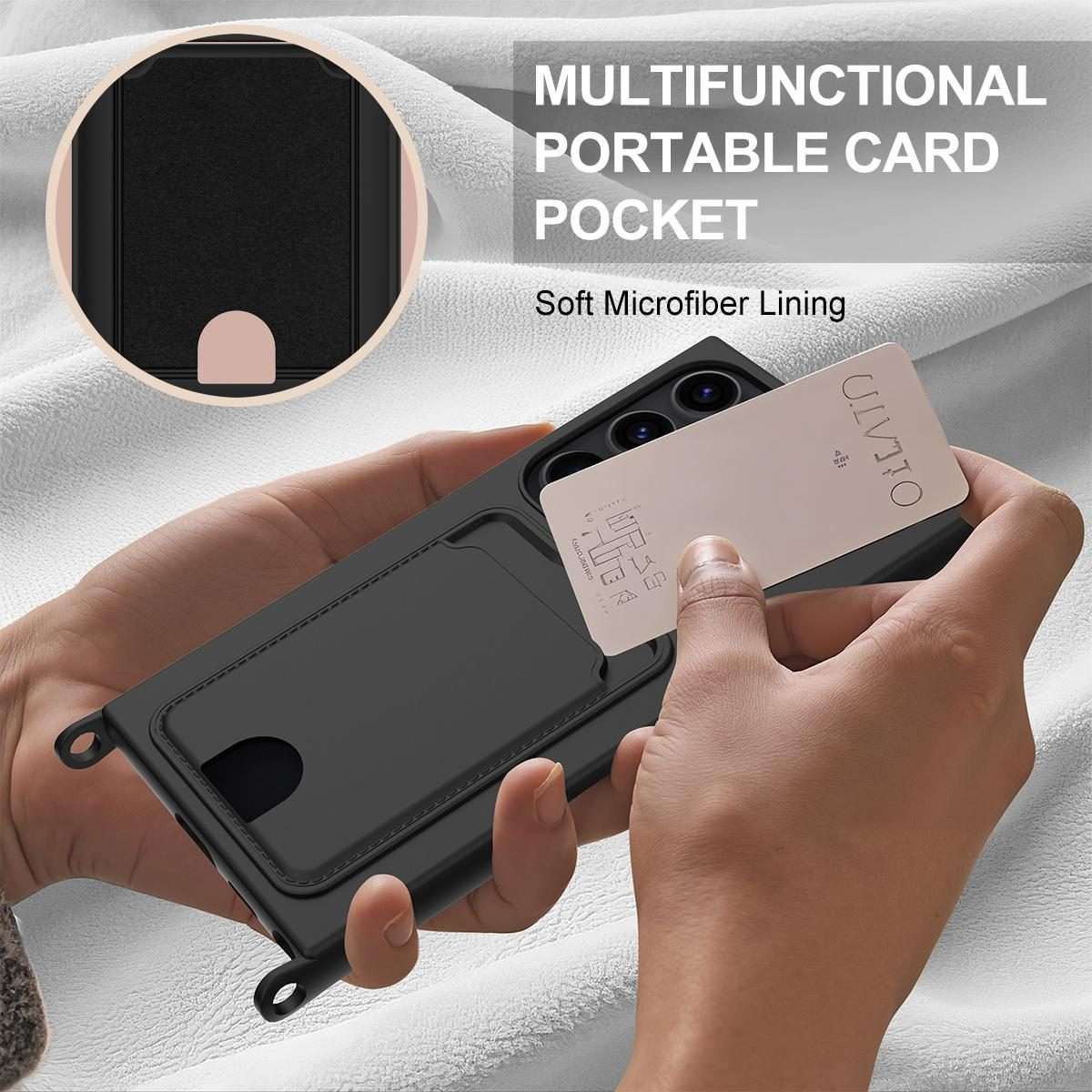 For Samsung Galaxy S23 Ultra 5G Integrated Card Bag Solid Color Liquid Silicone Phone ... (Black)