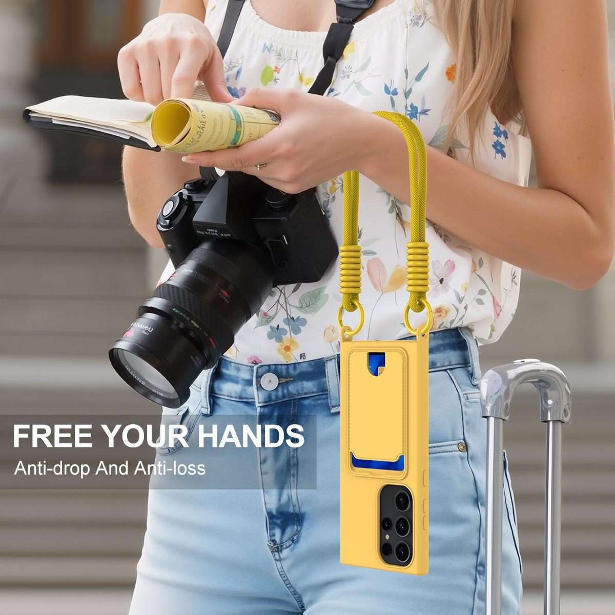For Samsung Galaxy S23 Ultra 5G Integrated Card Bag Solid Color Liquid Silicone Phone ... (Yellow)