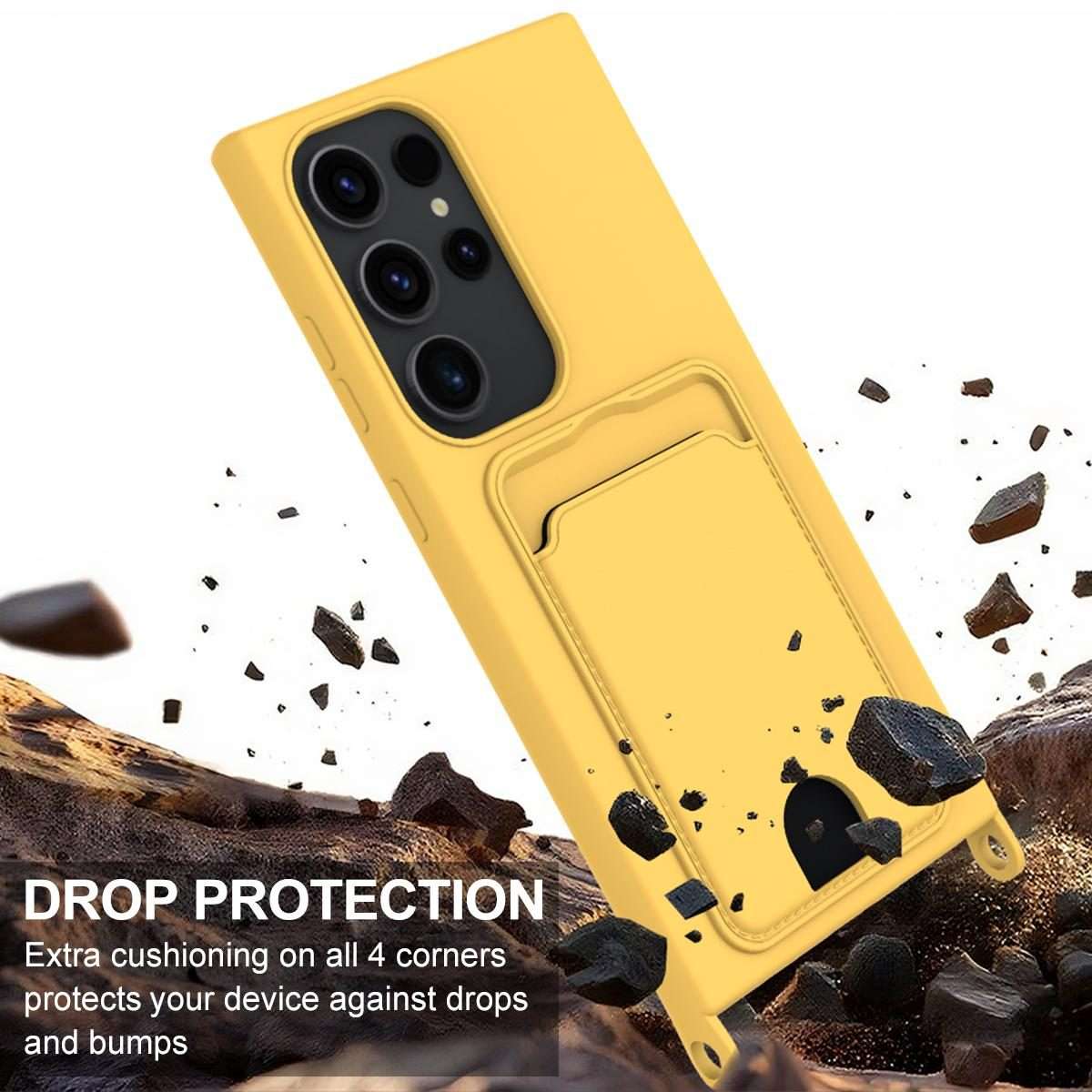 For Samsung Galaxy S23 Ultra 5G Integrated Card Bag Solid Color Liquid Silicone Phone ... (Yellow)