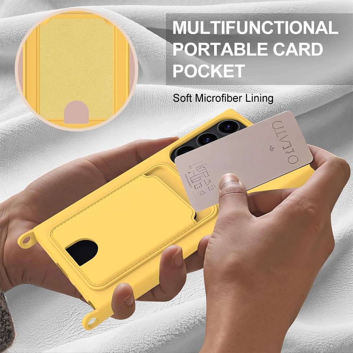 For Samsung Galaxy S23 Ultra 5G Integrated Card Bag Solid Color Liquid Silicone Phone ... (Yellow)