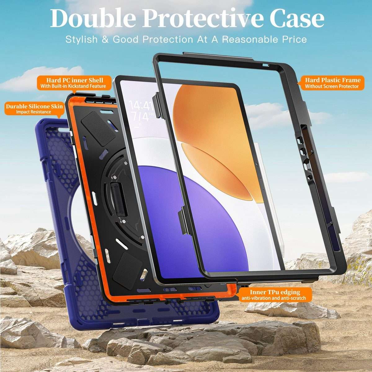For Xiaomi Pad 7S Pro / 6S Pro Rotatable Holder Silicone Hybrid PC Tablet Case wit ... (Navy Blue)
