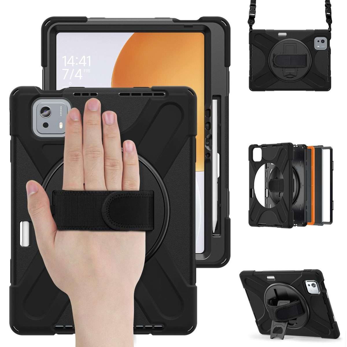 For Xiaomi Pad 7S Pro / 6S Pro Rotatable Holder Silicone Hybrid PC Tablet Case with Sh ... (Black)