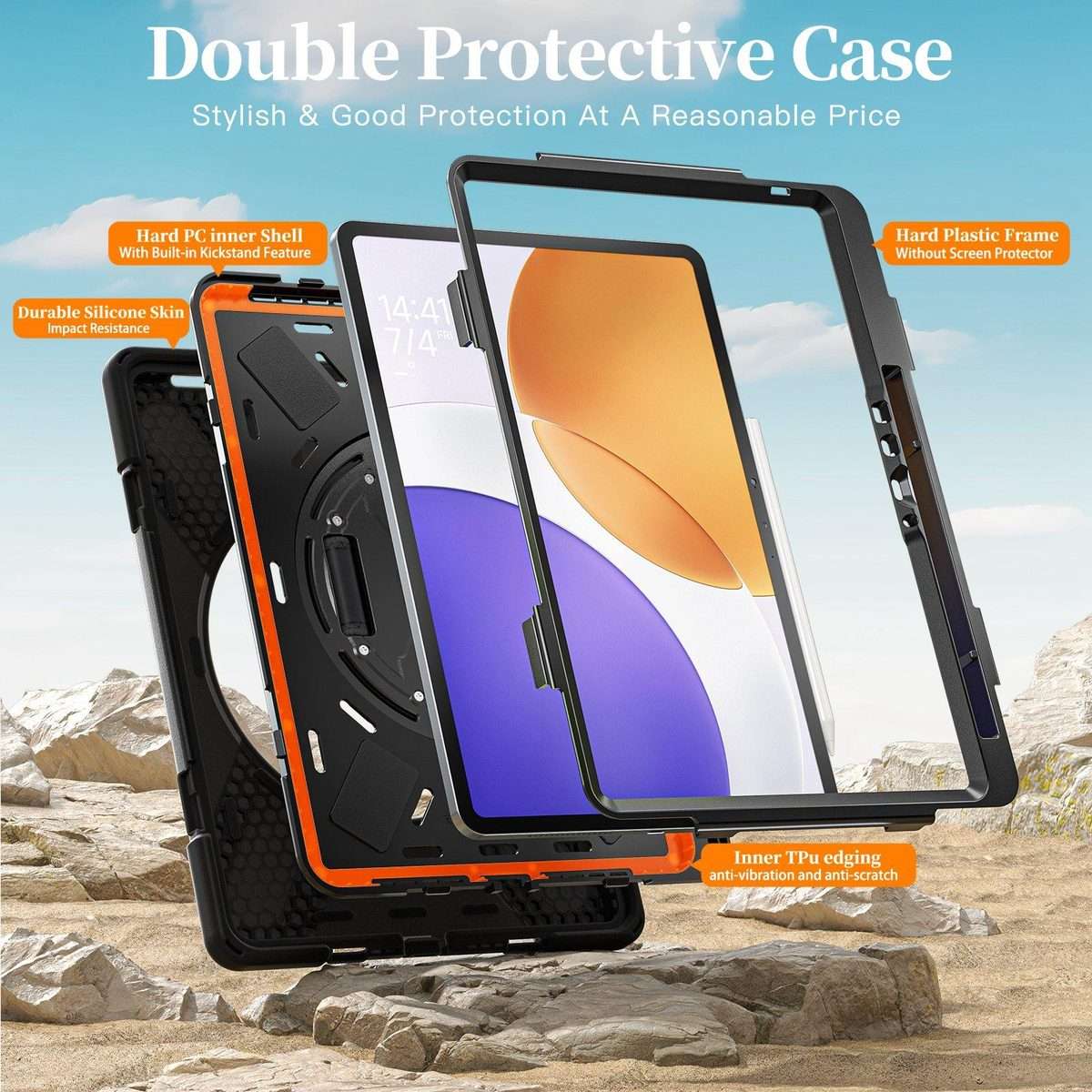 For Xiaomi Pad 7S Pro / 6S Pro Rotatable Holder Silicone Hybrid PC Tablet Case with Sh ... (Black)