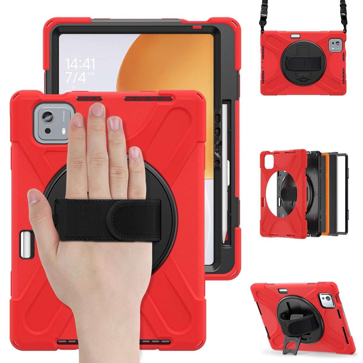 For Xiaomi Pad 7S Pro / 6S Pro Rotatable Holder Silicone Hybrid PC Tablet Case with Shou ... (Red)